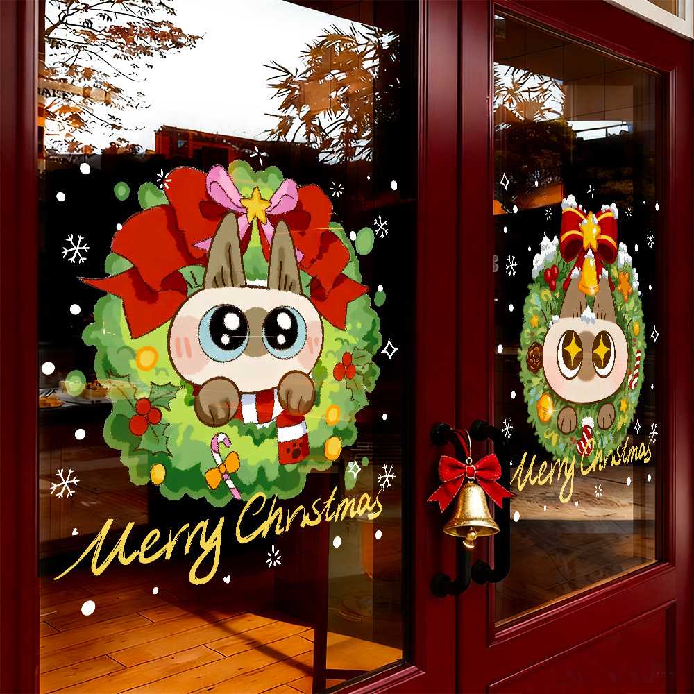 2026圣诞节装饰品静电贴纸暹罗猫小豆泥花环商场橱窗玻璃门贴窗贴