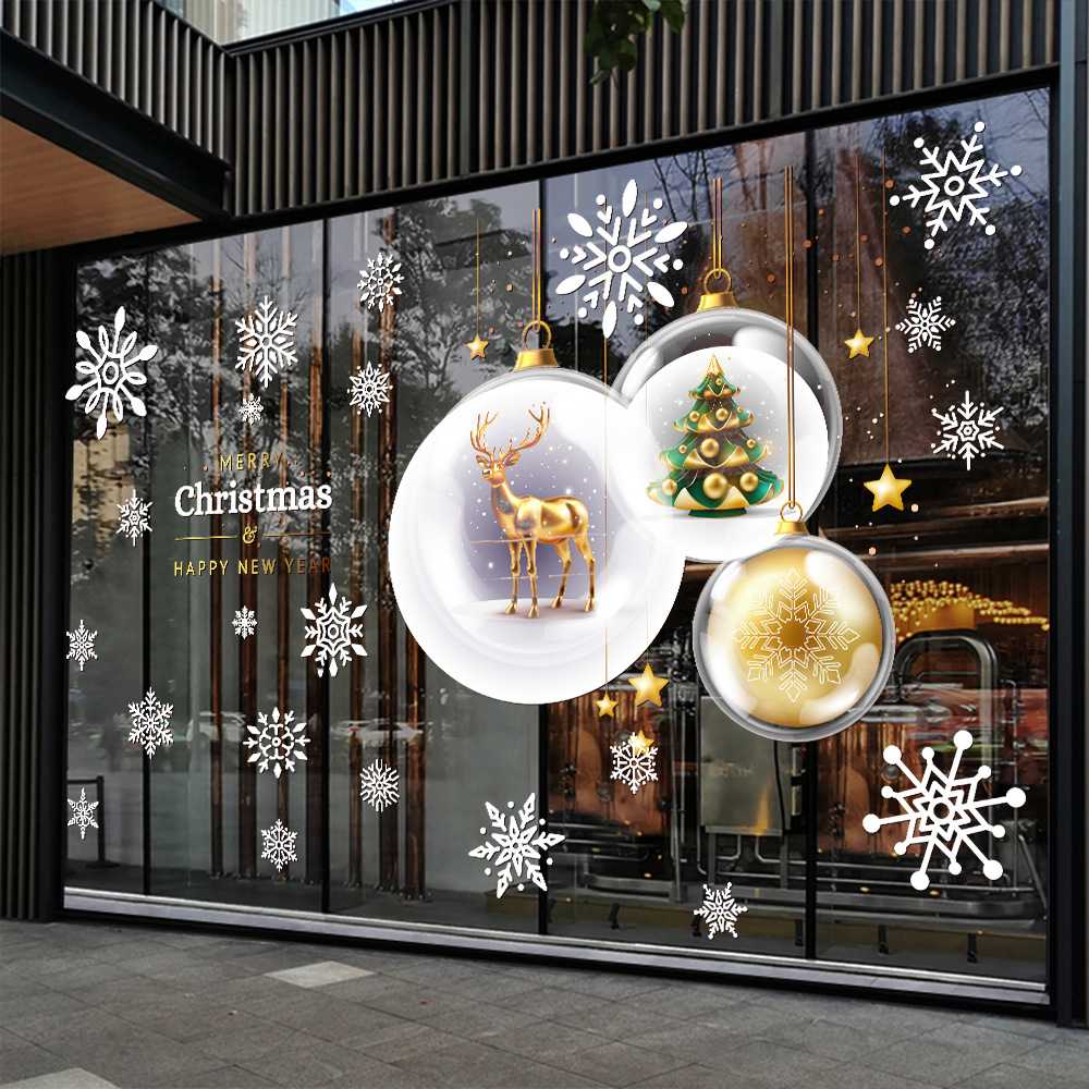 圣诞节装饰布置玻璃门贴纸商场店铺酒店装饰布置吊球雪花窗花贴画