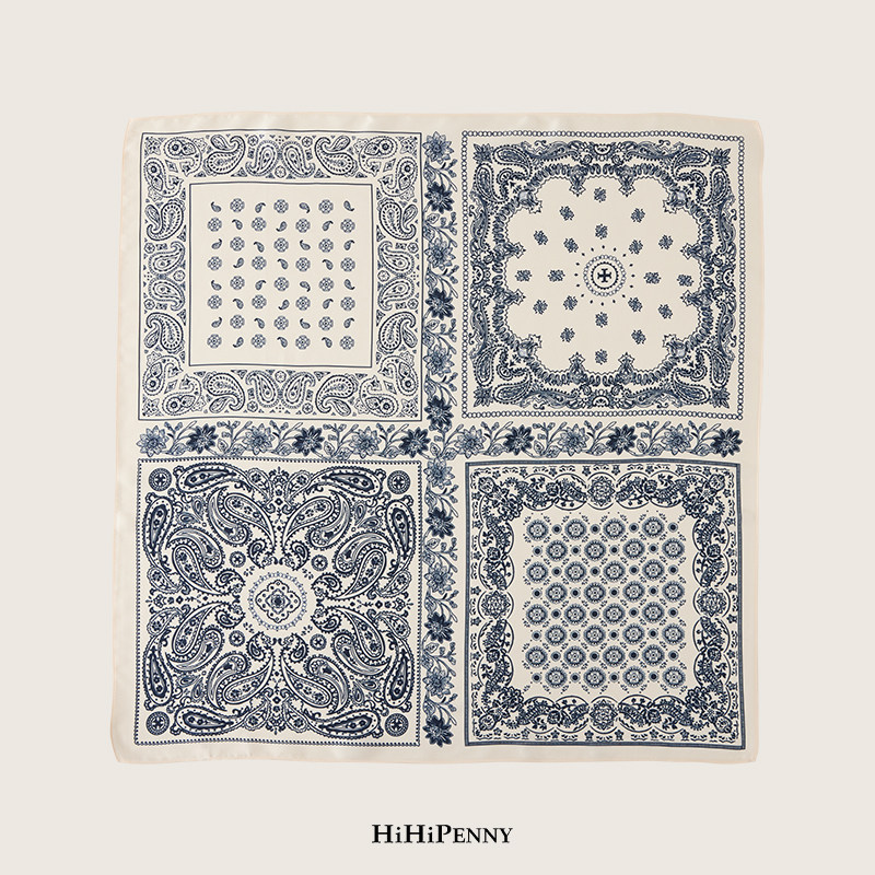 HiHipenny/桑蚕丝丝巾蓝白佩斯利拼图印花四格设计