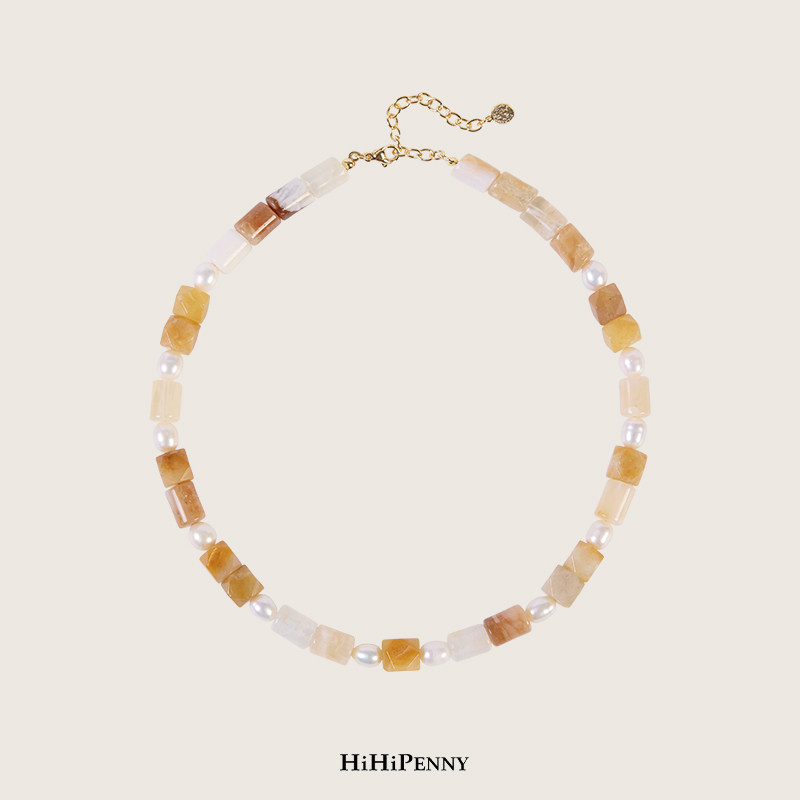 HiHipenny/黄玉珍珠天然石项链东方柔美轻奢设计