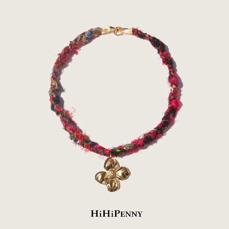 HiHipenny/温暖壁炉手工编织真丝纱线四叶草花吊坠项链OT扣毛衣链