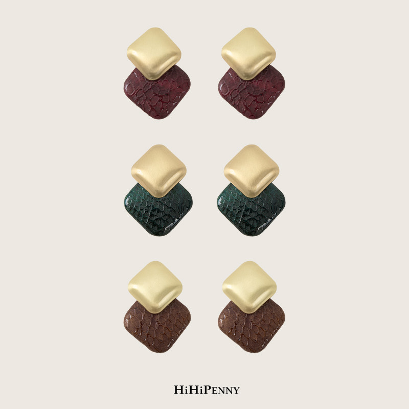 HiHipenny/几何拼接耳环铜镀18K真金环保PU皮质感轻奢