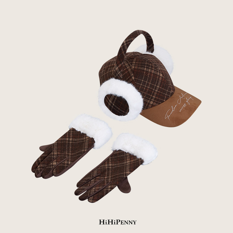 HiHipenny/“冬日摩卡” 复古格纹毛绒耳罩棒球帽手套套装