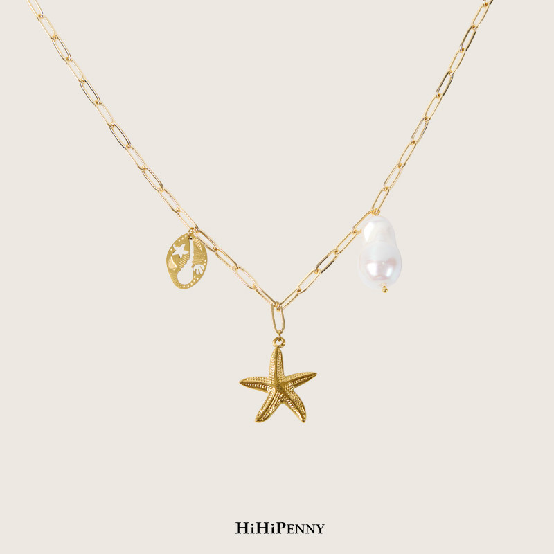 HiHipenny/珍珠项链金色海星字母吊坠设计优雅简约百搭饰品