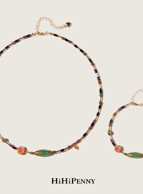 HiHipenny/温暖壁炉捷克橄榄美拉德小花项链黑金小米串珠手链颈链