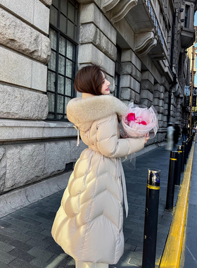 白鹅绒羽绒服女中长款2024冬季新款加厚连帽真大毛领保暖外套高端