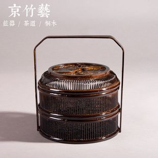 销竹编手工艺圆形二层送餐篮食盒提篮婚庆礼品蓝提篮茶筐现货野厂