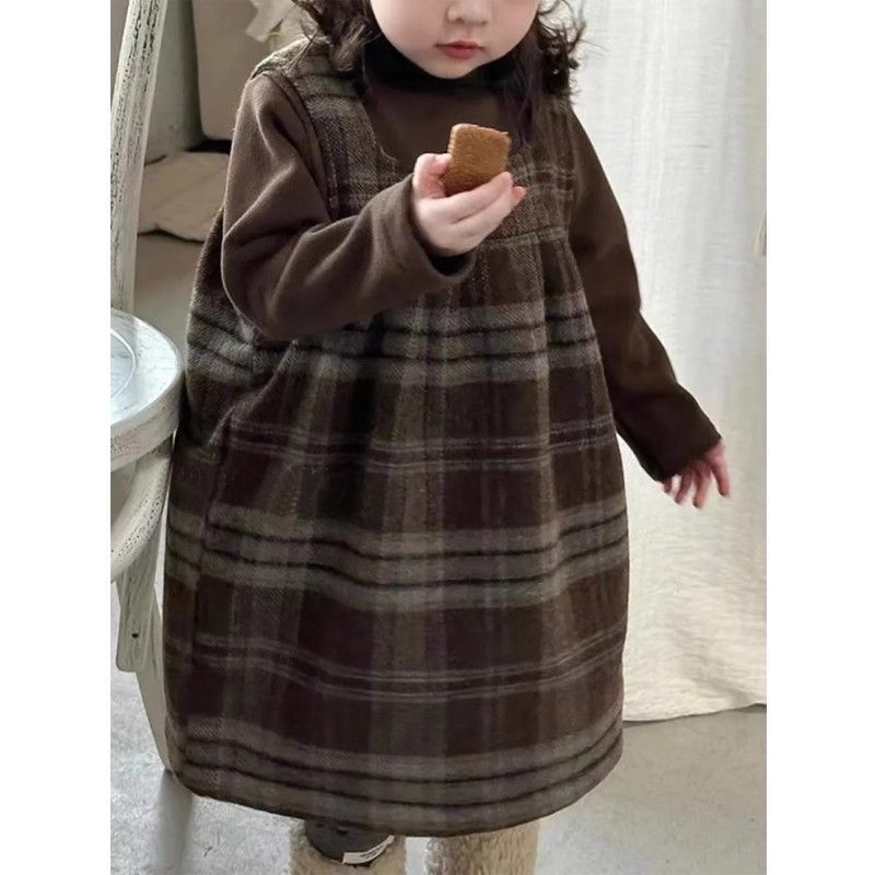 童装2025秋冬女童连衣裙套装儿童洋气宝宝毛呢复古格子背心加绒