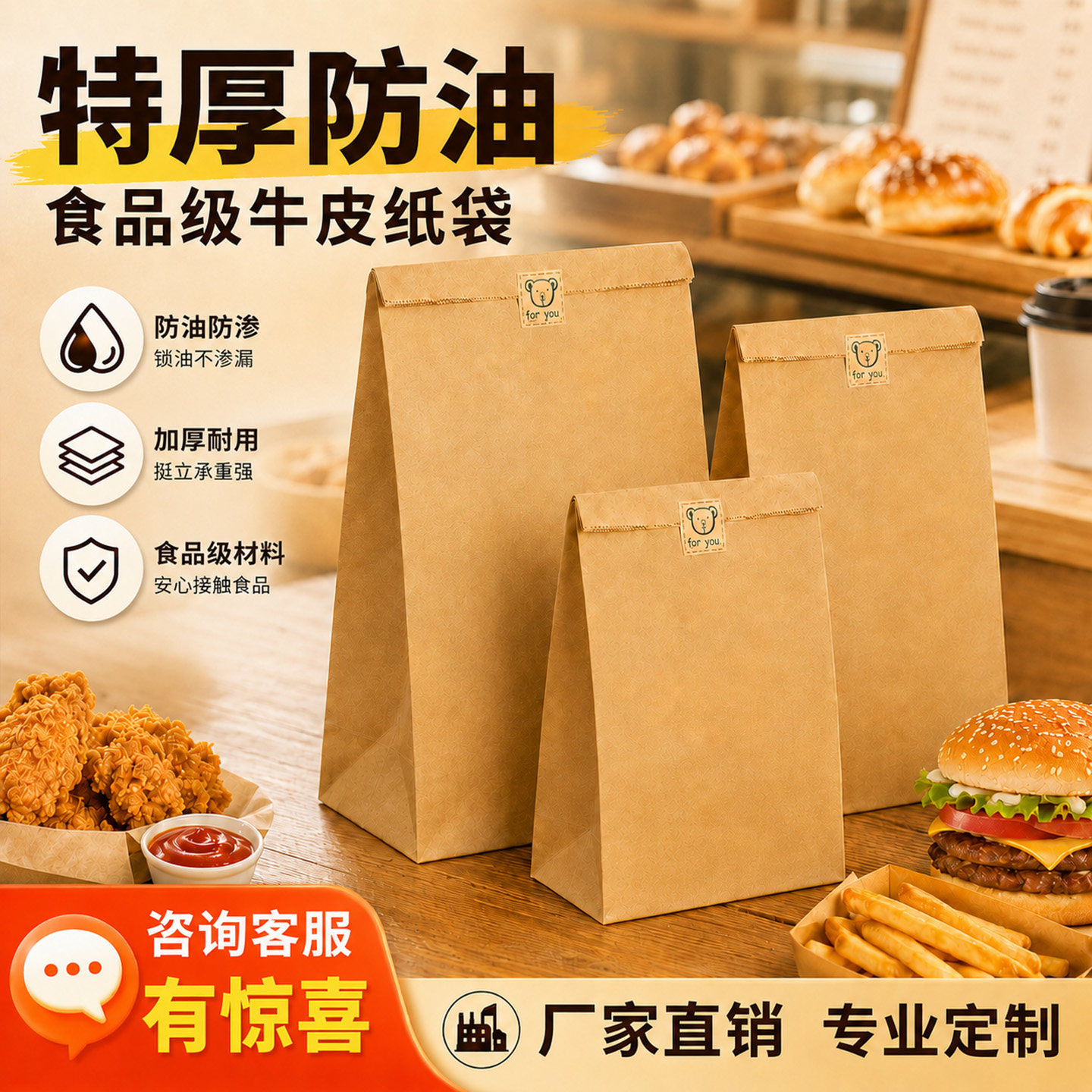 【特厚防油】食品级牛皮纸袋定制