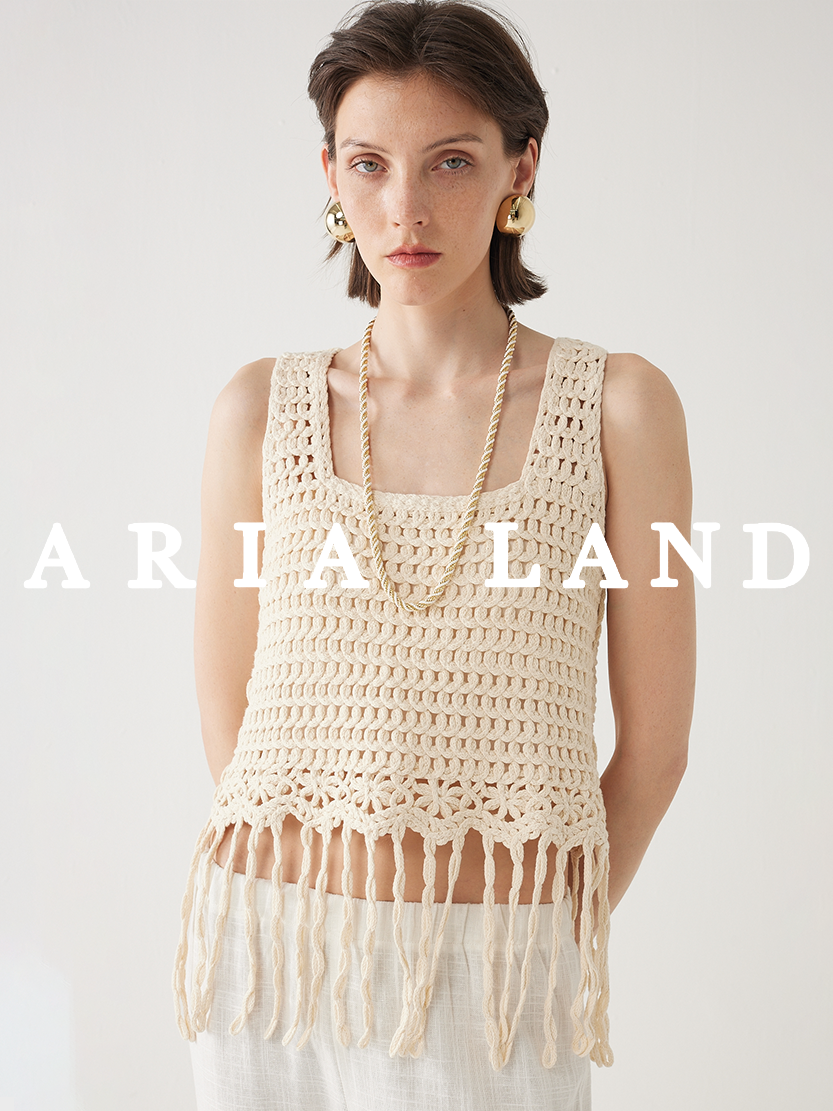 ARIA LAND尼斯流苏度假风编织感镂空全棉无袖流苏马甲背心