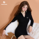 黑色拉链半高领针织毛衣连衣裙女春秋修身 包臀辣妹风日常小礼服裙