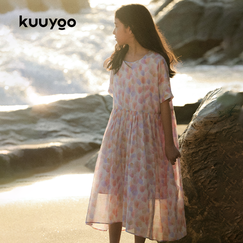 KUUYOO浪漫晕染轻薄连衣裙中大童夏季透气亲肤防透光儿童宽松裙子