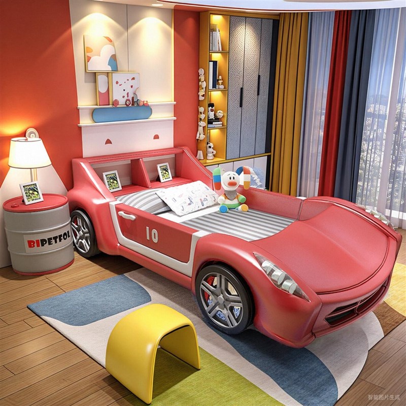 叨叨猪儿童床男孩卡通带护栏实木软包皮床小女生创意单人床汽车床