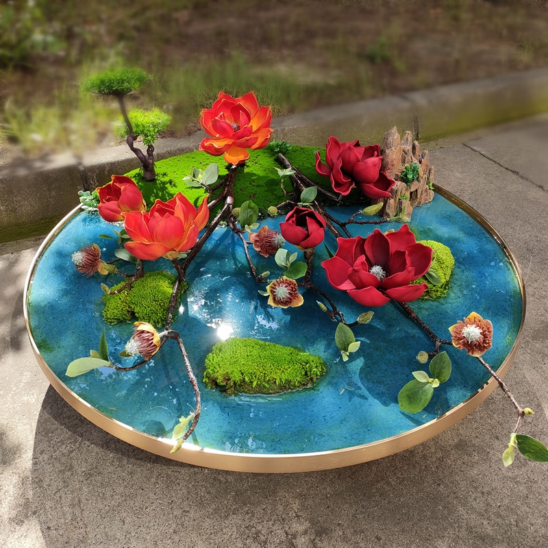 新中式酒店大餐桌摆台花假仿真花圆形桌转盘玉兰高档装饰转盘摆设