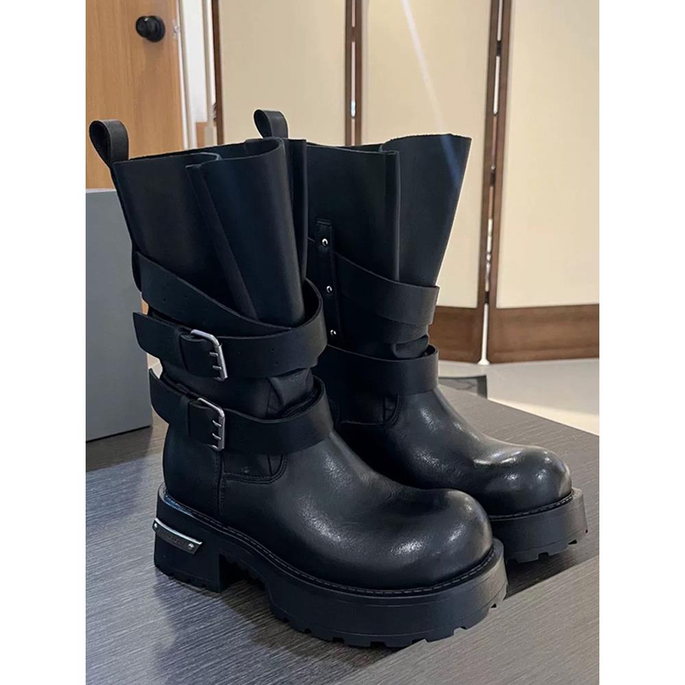 香港覆古百搭骑士靴2025春秋新款巴黎皮带扣毒液厚底机车靴真皮靴