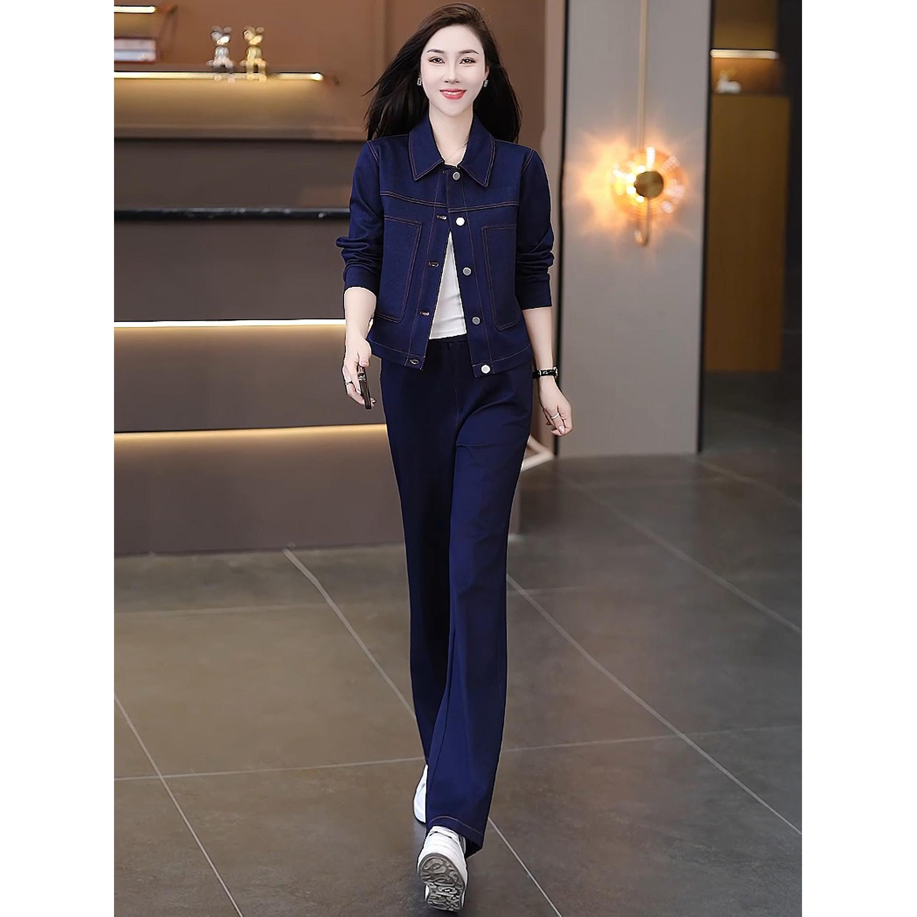 蓝色牛仔套装女2025秋季新款翻领时尚洋气减龄宽松阔腿裤两件套潮