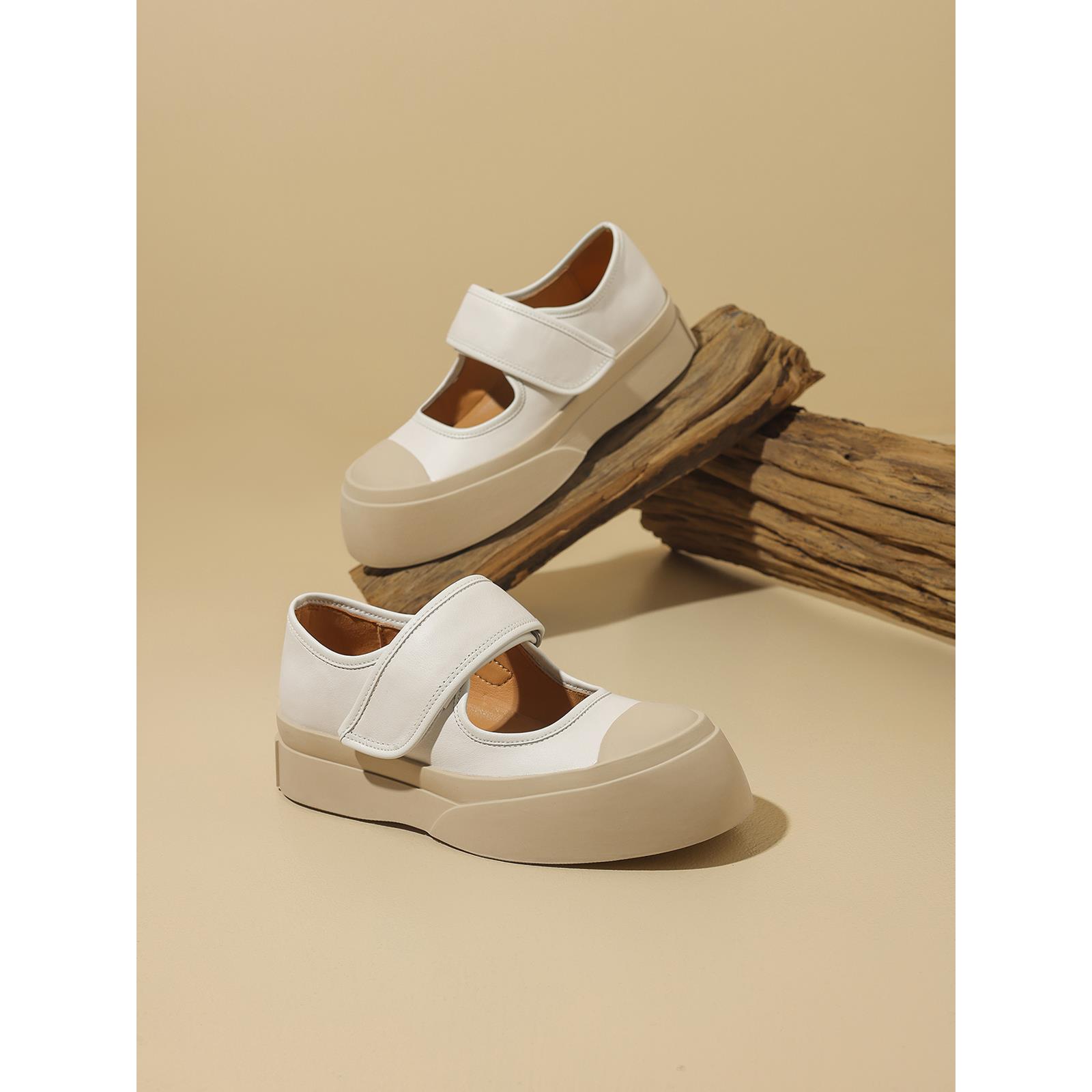 内增高真皮玛丽珍鞋女2025新款夏季魔术贴白色厚底单鞋大头鞋单鞋