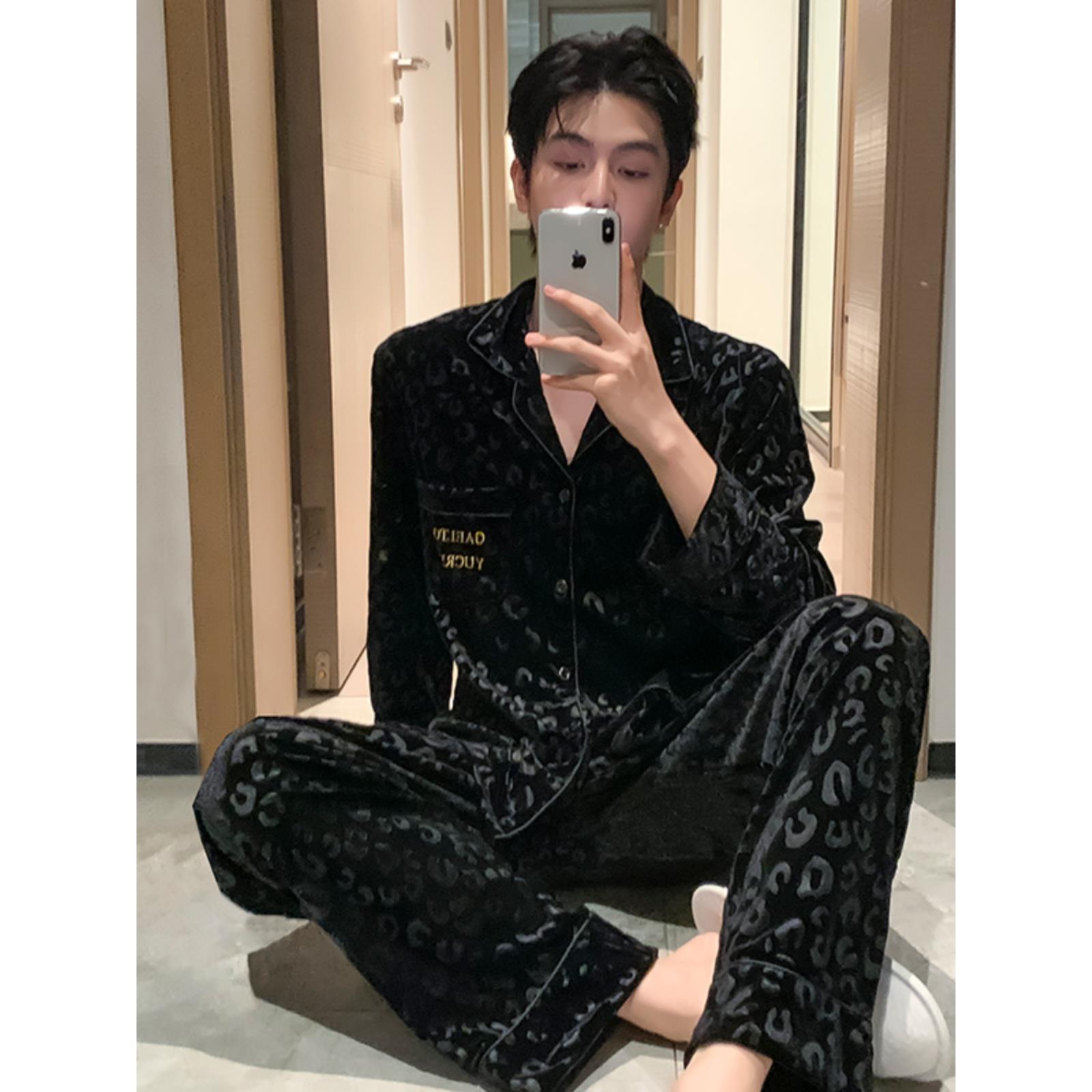 维多利亚2025年新款金丝绒睡衣男冬季男款豹纹家居服套装