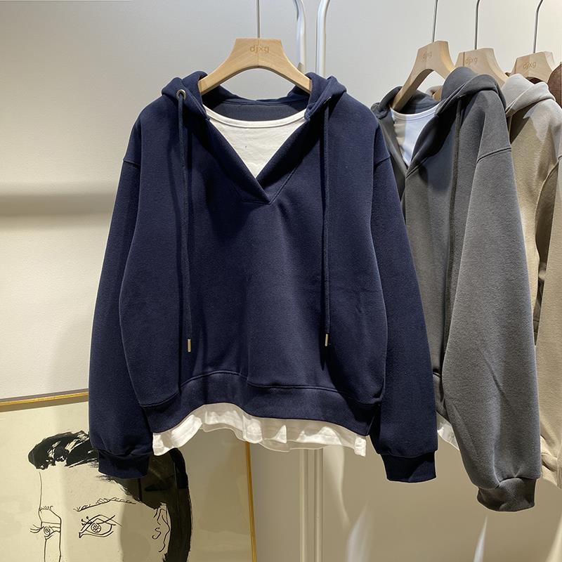 品质感爆棚~假两件白边卫衣女秋冬加绒时尚洋气帽衫宽松上衣外套