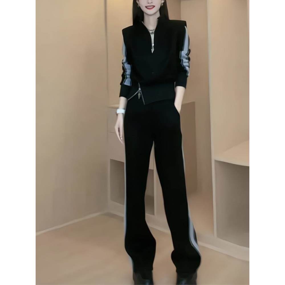 欧洲站黑色时尚休闲套装女春秋冬2026新款宽松运动加绒卫衣两件套