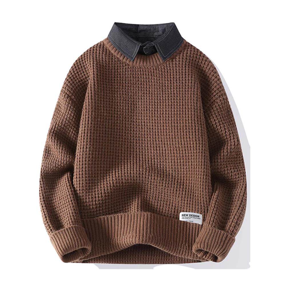 潮牌假两件毛衣男士秋冬季加厚保暖秋装上衣线衣衬衫领长袖针织衫