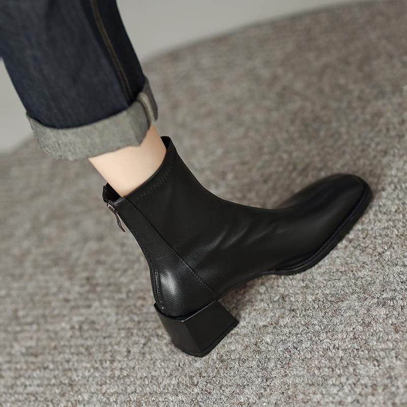 Ocnltiy~~跟高5CM 粗跟方头短靴女2024秋冬新款时尚休闲马丁靴女