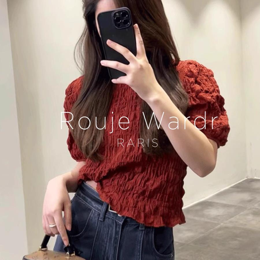 Rouje Wardr法式复古褶皱短袖衬衫T恤女夏季设计感泡泡袖气质上衣
