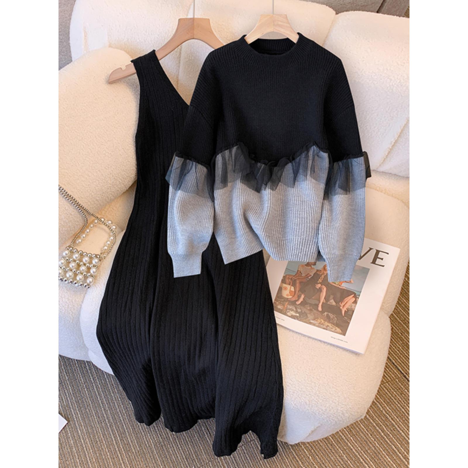 时尚减龄炸街拼接毛衣连衣裙两件套装女春秋大码显瘦穿搭配一整套