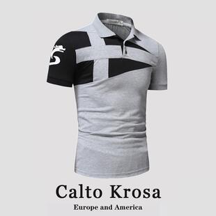 CaltoKrosa 欧美设计师机车拼色T恤男印花条纹短袖 青年翻领polo衫