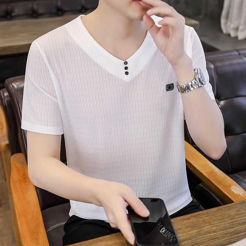 高端品牌白色短袖t恤男v领修身2025新款夏季男士潮流冰丝薄款半袖