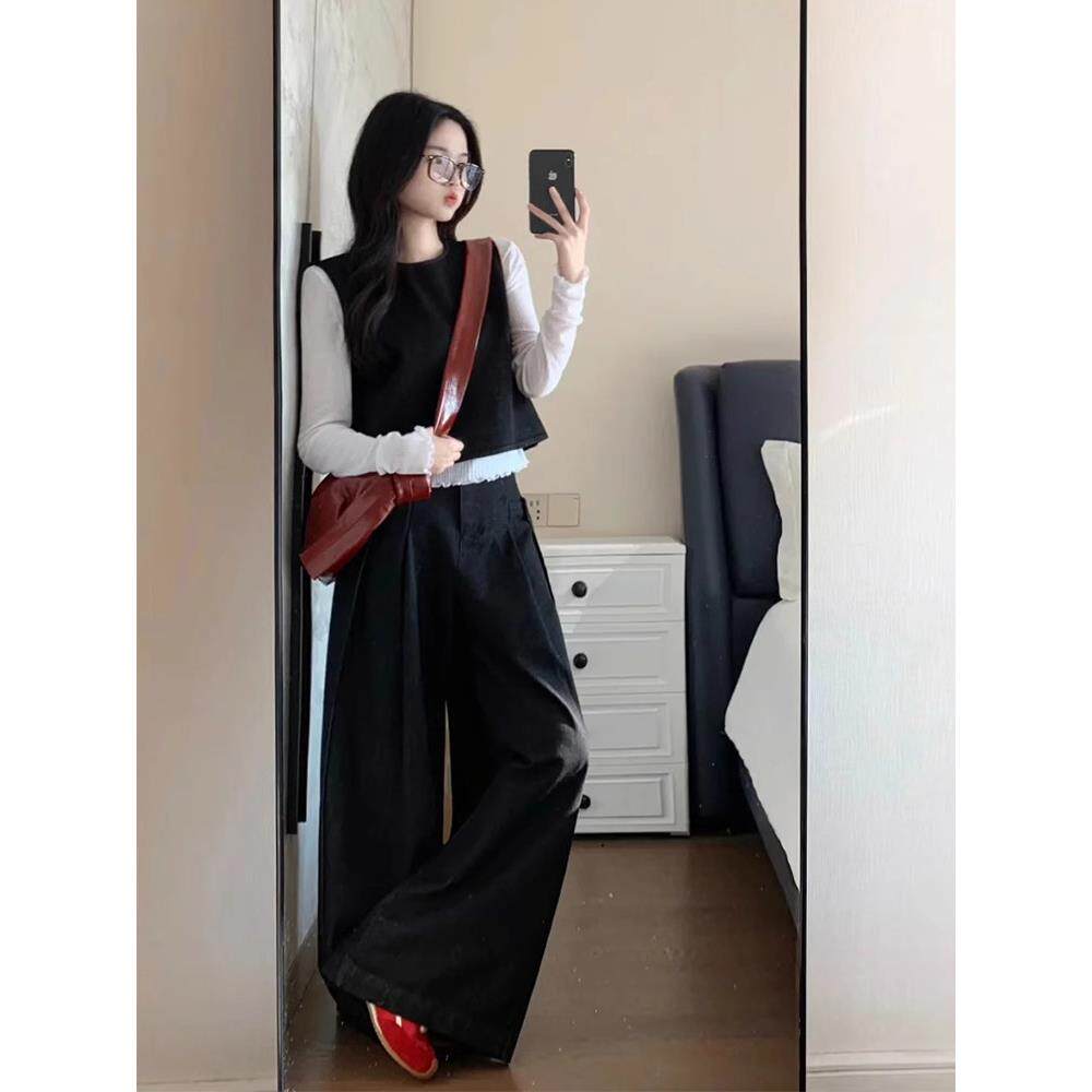 rouje bonjour高级感无袖马甲短款白色花边上衣阔腿裤三件套套装