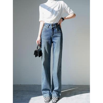 覆古蓝直筒牛仔裤女宽松显瘦高腰窄版阔腿裤子加绒加厚秋冬款新款