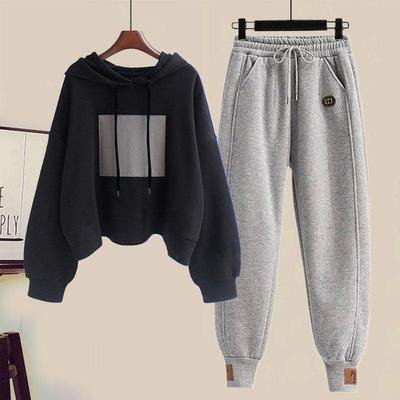 韩国运动套装女春秋网红炸街小个子短款连帽卫衣休闲运动裤两件套