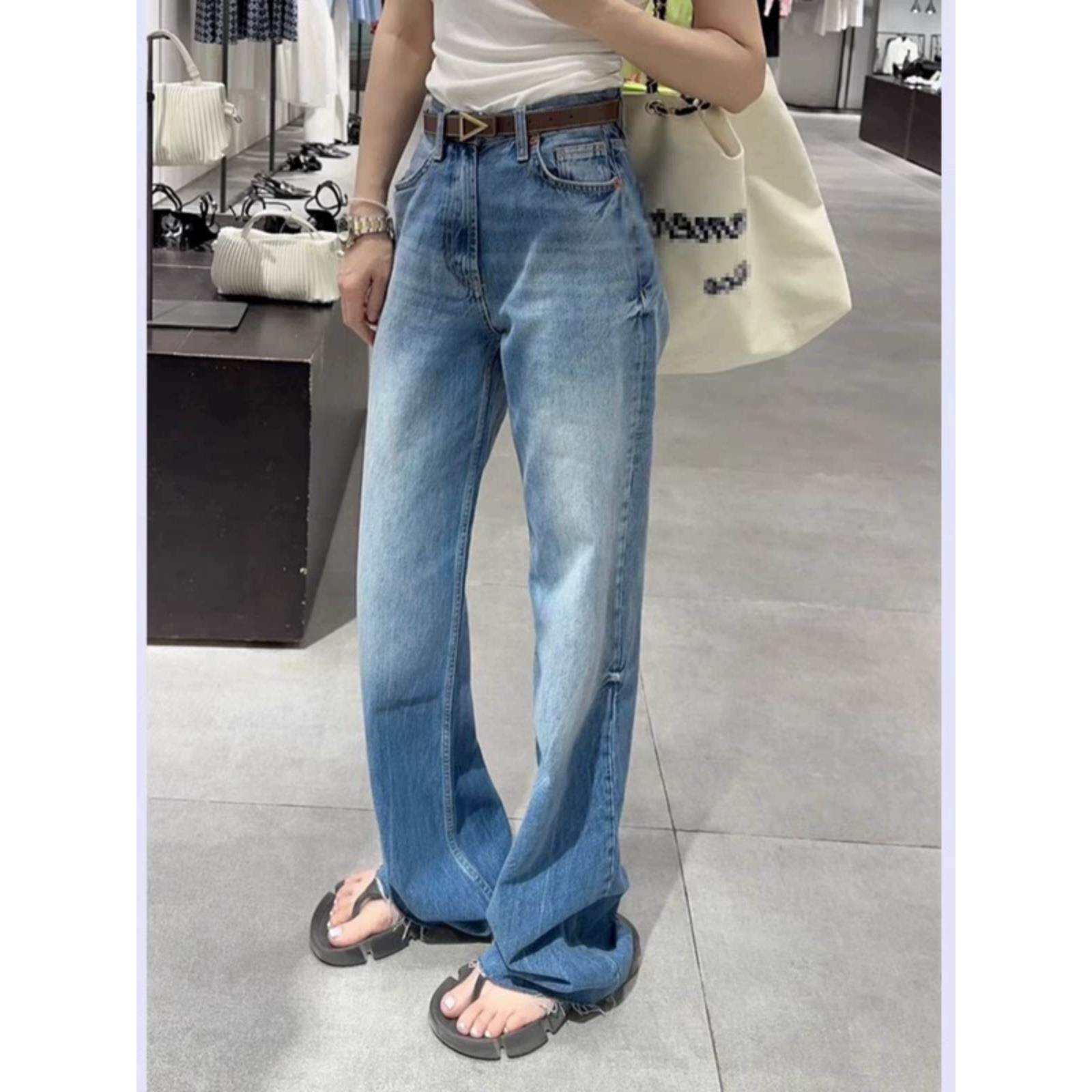 法式rouje damas覆古水洗蓝色高腰阔腿拖地牛仔裤女别致宽松直筒