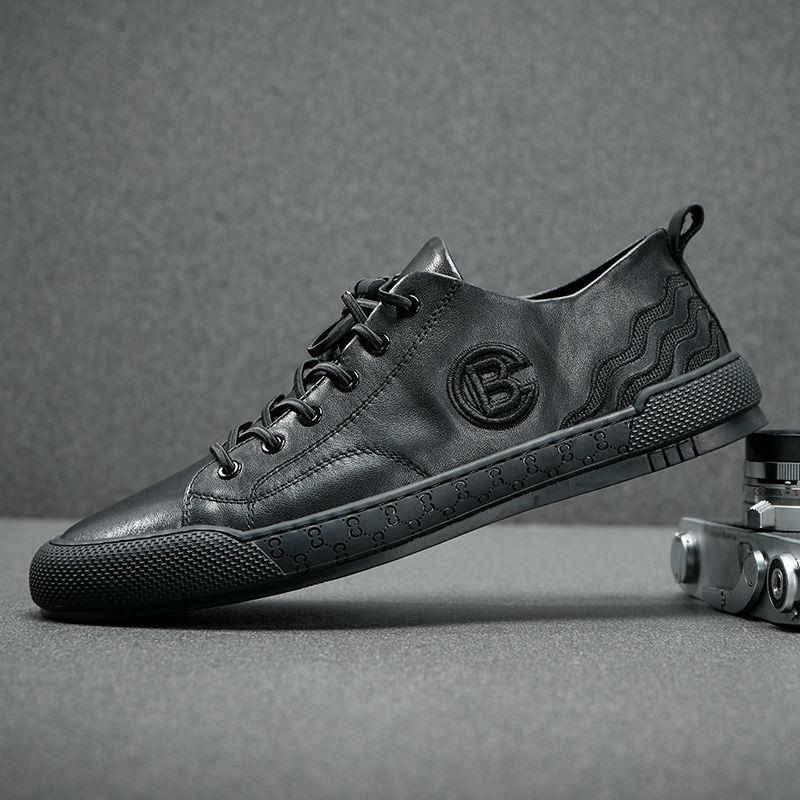 IT ins潮牌休闲板鞋男士头层牛皮刺绣软底防滑弹力松紧免系带皮鞋