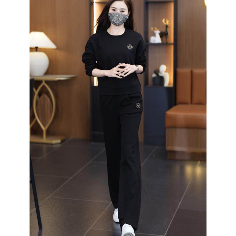 黑色休闲运动服套装女2025秋季新款洋气宽松显瘦卫衣阔腿裤两件套