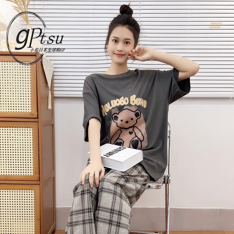 日本GP睡衣女夏季纯棉大码短袖长裤休闲卡通可爱带胸垫家居服套装