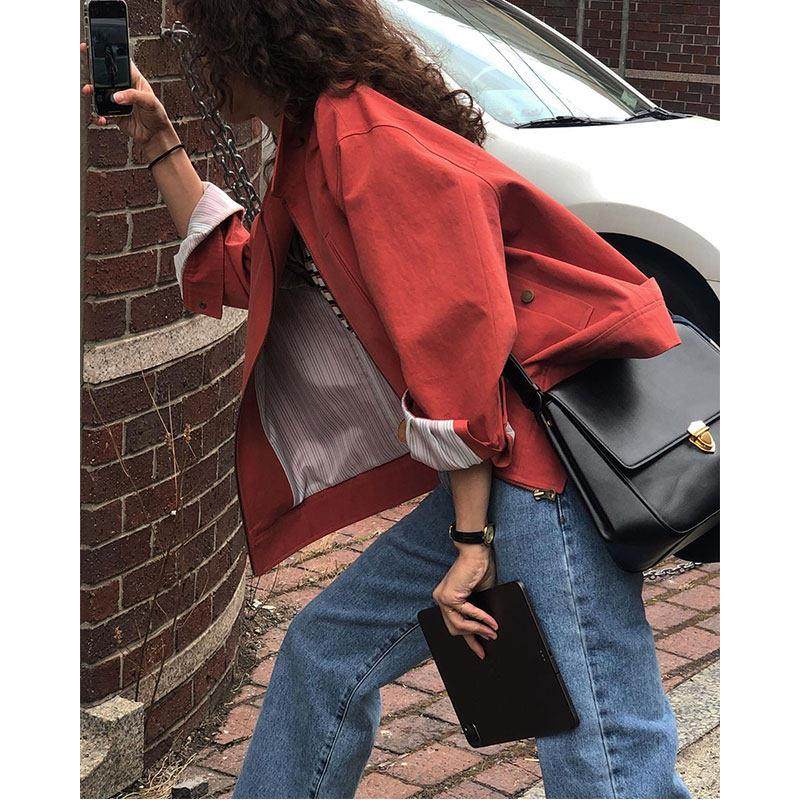 IT UNDER GARDEN 早春装复古工装拉链薄款外套女宽松显瘦休闲酒红