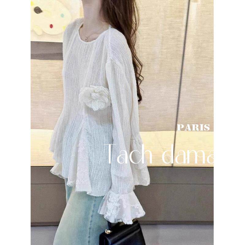 tach damas法式设计感立体花朵白色衬衫女高级感独特别致气质上衣