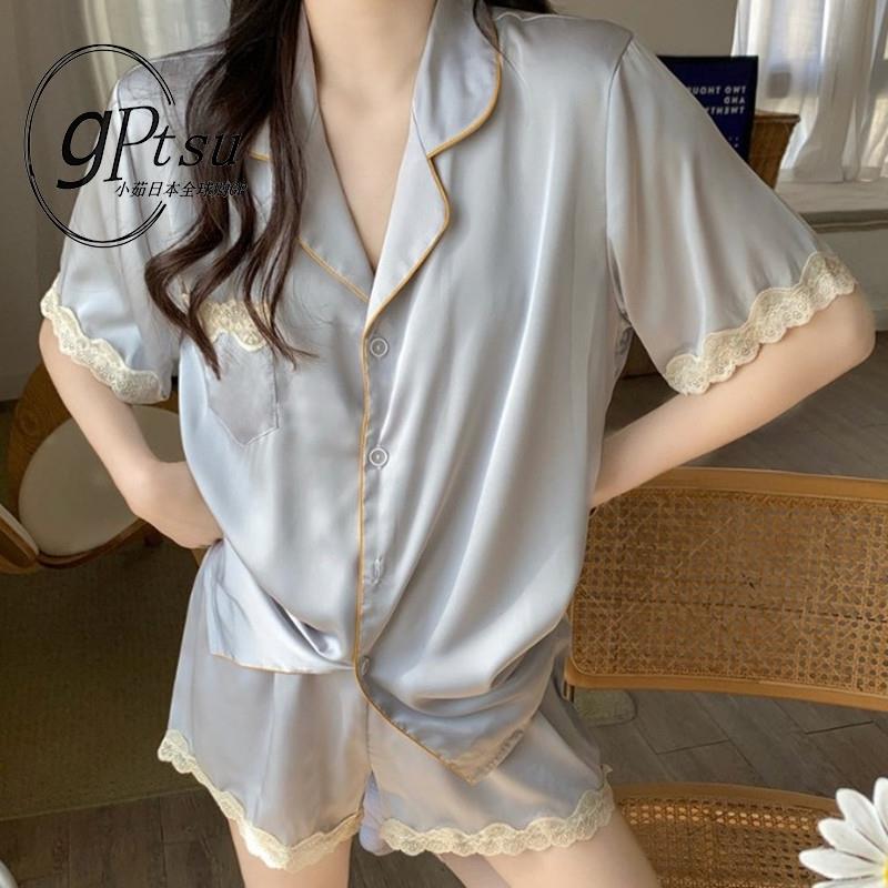 日本GP冰丝睡衣女夏季短袖高级感休闲甜美蕾丝花边真丝家居服套装