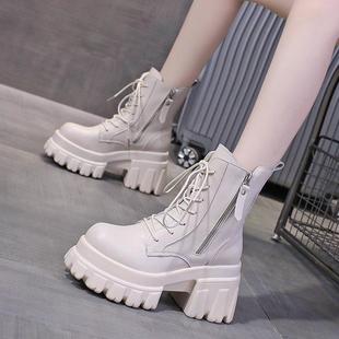 明星厚底马丁靴女2024秋冬新款 英伦风小个子增高9cm真皮坡跟短靴