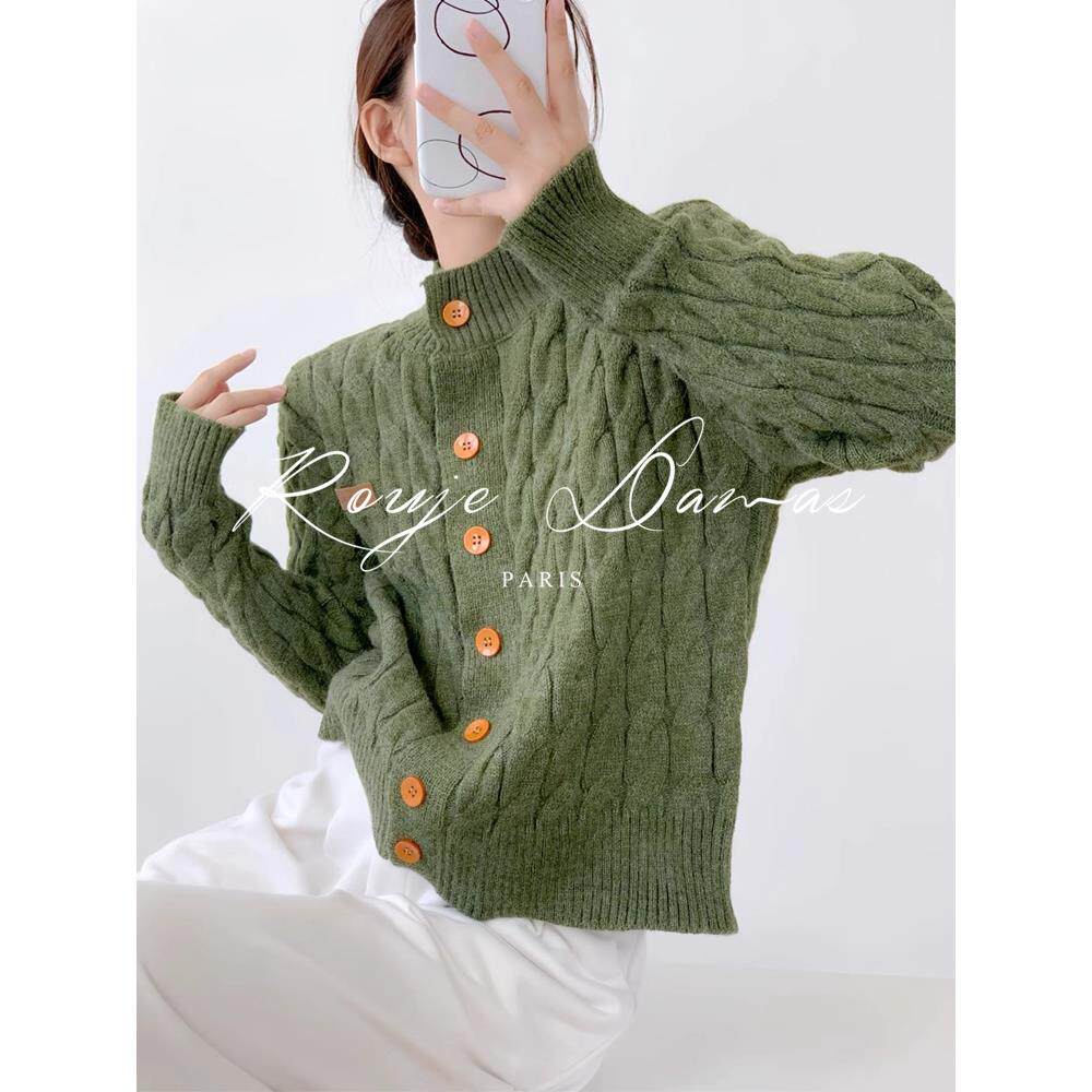 Rouje Damas绿色麻花针织开衫毛衣外套女外搭森系覆古针织衫上衣