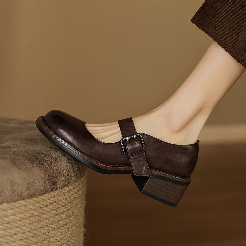 复古风厚底粗跟一字扣玛丽珍鞋女真皮浅口小皮鞋时尚百搭圆头单鞋