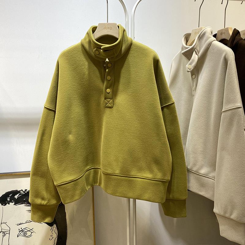 实力好穿！冬季韩版帅气短款立领套头加绒卫衣女宽松上衣外套显瘦