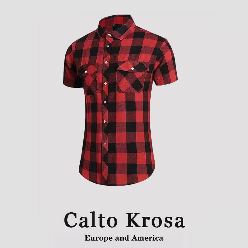 CaltoKrosa~修身黑白格子翻领短袖衬衫男夏潮流休闲半袖青年衬衣