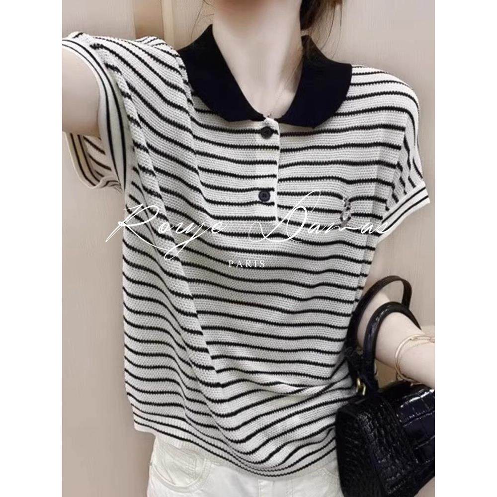Rouje Damas法式冰丝短袖条纹t恤女2025新款休闲宽松polo领针织衫