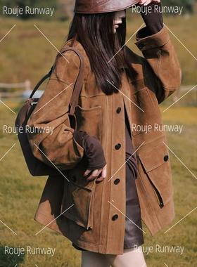 法式Rouje Runway秋冬新款美拉德酷飒中长款气质外套工装夹克外套