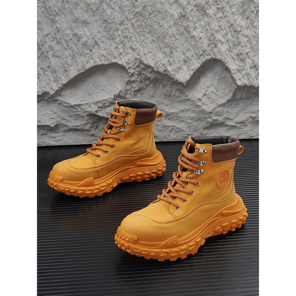 潮牌内增高马丁靴男冬季新款厚底高帮大黄靴子男士覆古户外工装靴