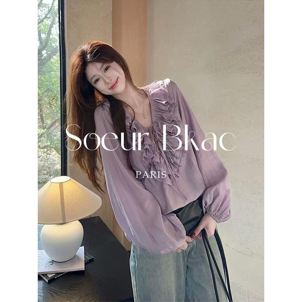 法国SOEUR BKAC法式荷叶边系带泡泡袖衬衫女春季新款甜美气质衬衣