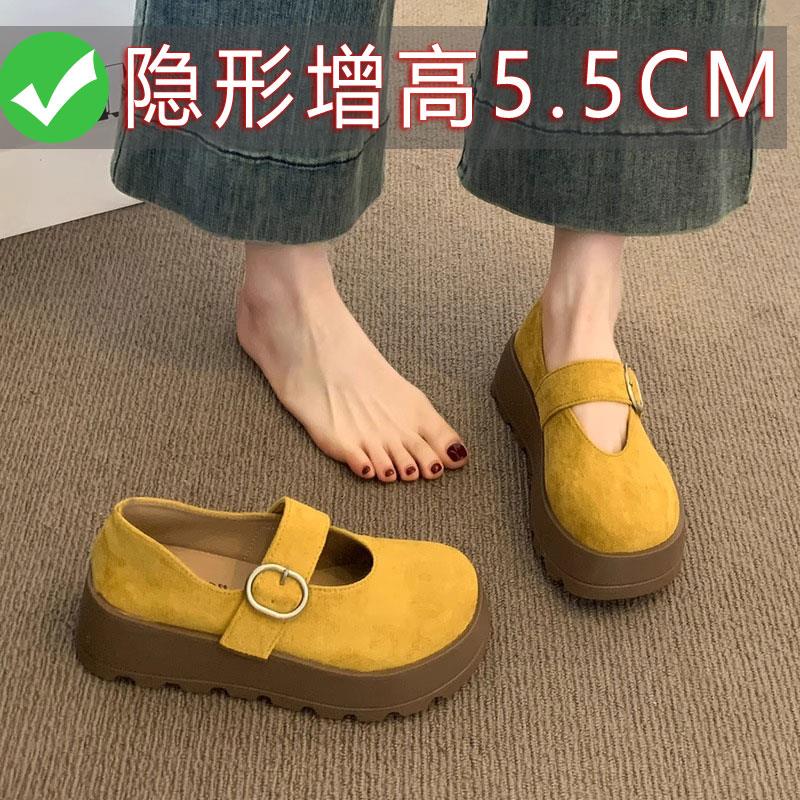 香港真皮黄色厚底勃肯鞋女夏季2025新款增高配裙玛丽珍单鞋乐福鞋
